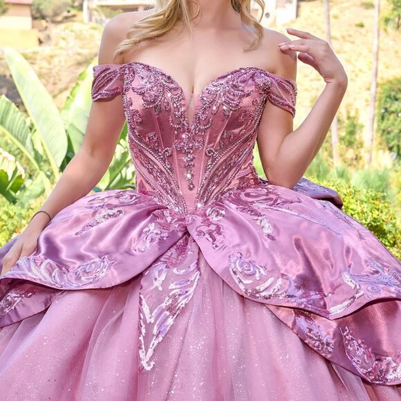 New Dusty Rose Off The Shoulder Maxi Satin Quinceanera Gown w/ Sequins GL3794 - Picture 6 of 14